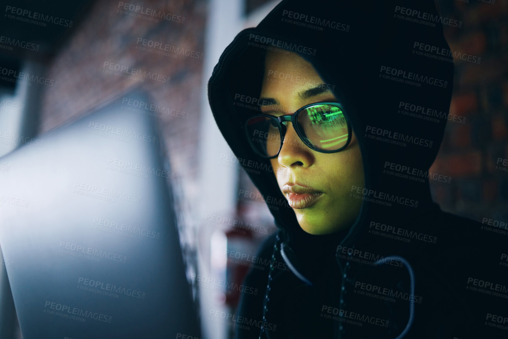 Buy stock photo Hacker, woman in dark room with laptop and coding, phishing and cyber crime with IT database or server. Cybersecurity, programming and criminal with pc in basement, ransomware and hacking firewall