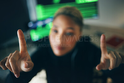 Buy stock photo Hands, hacker and a person in an office for cyber security, software check or invisible screen. Closeup, typing and a hacker with fingers for a password, phishing or a connection virus at night