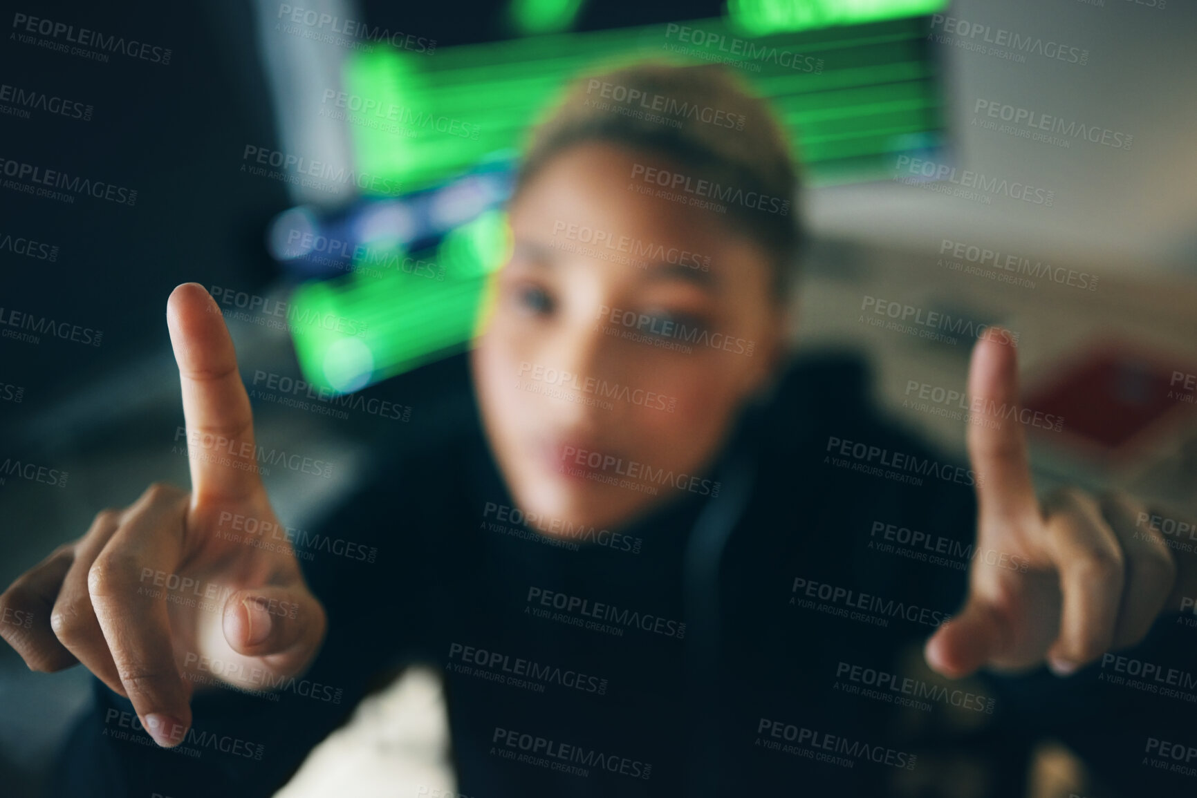Buy stock photo Hands, hacker and a person in an office for cyber security, software check or invisible screen. Closeup, typing and a hacker with fingers for a password, phishing or a connection virus at night
