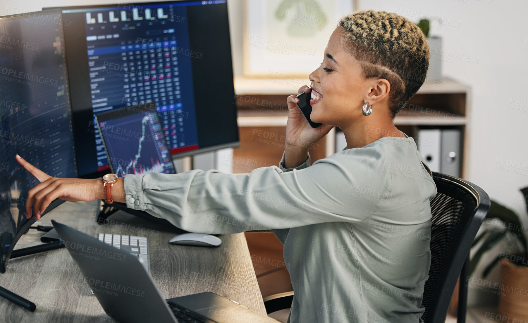 Buy stock photo Woman, phone call and data for crypto trading with networking, investment and cyber stocks. Nft, financial management and broker with cellphone for advice on profit growth, market info and charts.