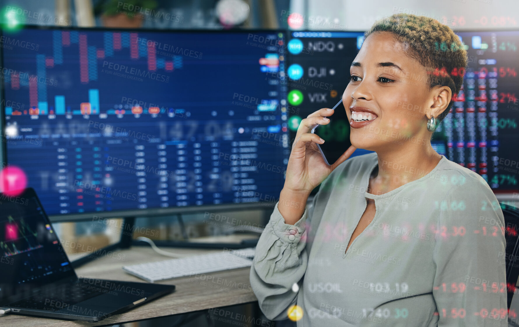 Buy stock photo Woman, phone call with digital overlay and computer for crypto trading, networking and investment in cyber stocks. Nft, financial advisor or broker on cellphone for advice on profit, market and data.