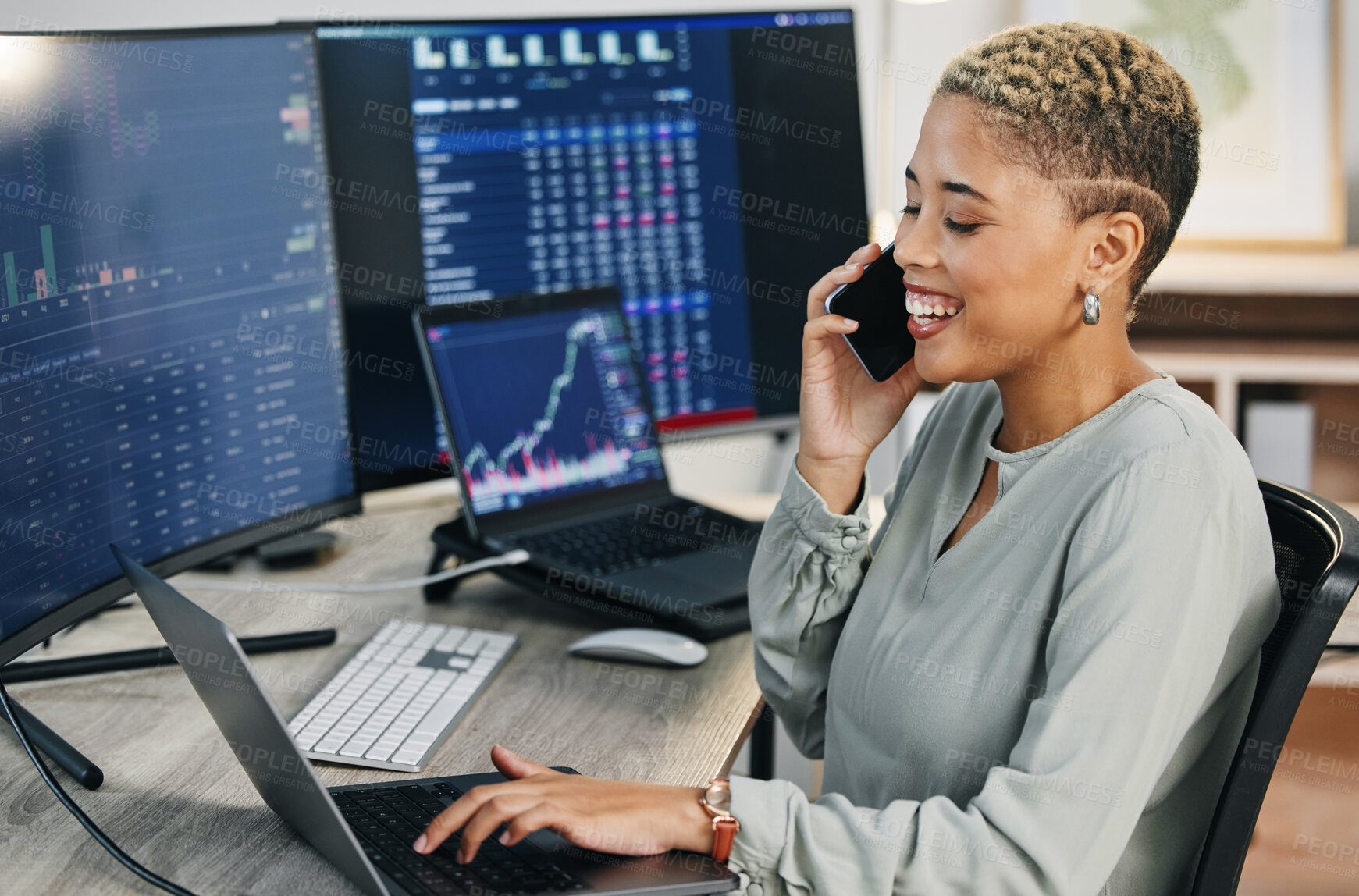 Buy stock photo Woman, phone call at computer and crypto trading with networking, investment and cyber stocks. Nft, financial management and broker with cellphone for advice on profit growth, market info and charts.