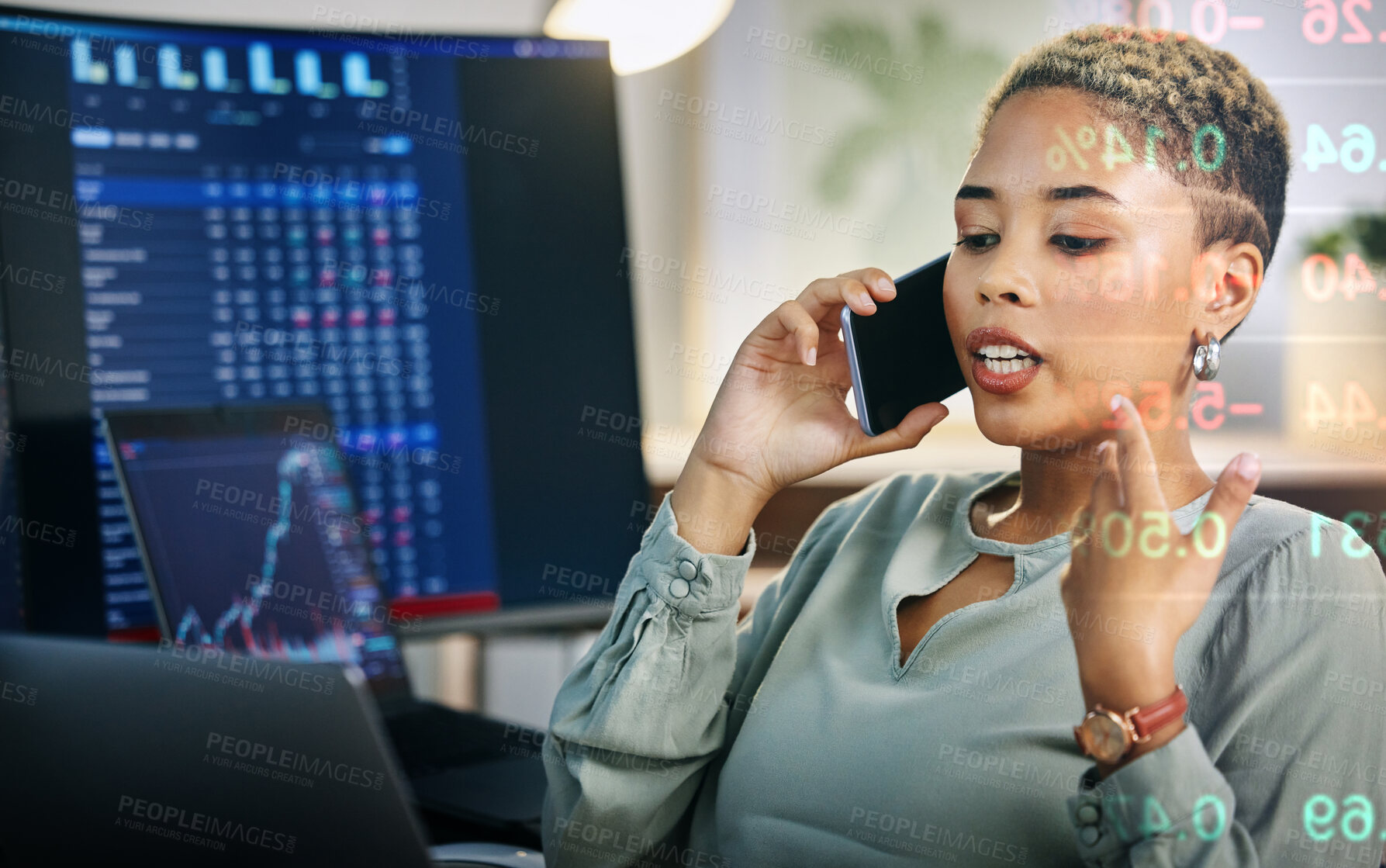 Buy stock photo Woman, phone call with data overlay and networking for cryptocurrency, crm and investment in cyber stocks. Nft, financial advisor or broker on cellphone for advice on profit, market or online trading