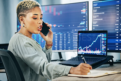 Buy stock photo Woman, phone call at desk and networking for cyber trade, cryptocurrency and investment in online stocks. Nft, financial advisor or broker on cellphone, writing notes on market research or lead info.