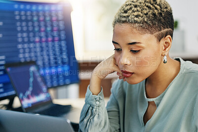 Buy stock photo Woman at computer, thinking and data on crypto trade, research and investment in online stocks. Nft, cyber advisor or broker reading stats on market growth, phishing or brainstorming financial ideas.