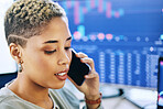 Woman at computer, phone call and consulting on crypto trade, networking and investment in online stocks. Nft, cyber advisor or broker on cellphone for data on market research, phishing or lead info.
