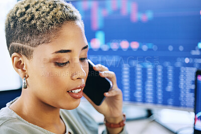 Buy stock photo Woman at computer, phone call and consulting on crypto trade, networking and investment in online stocks. Nft, cyber advisor or broker on cellphone for data on market research, phishing or lead info.