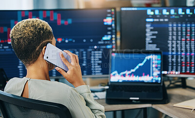 Buy stock photo Woman, phone call and programmer with connection, computer and network with conversation. Person, employee and trader with smartphone, investor and digital app with investment, savings and talking
