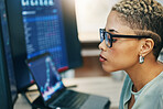 Woman with computer, glasses and thinking on stocks for crypto trade, research and investment in online data. Nft, cyber consultant or broker reading stats on market growth, brainstorming or ideas.