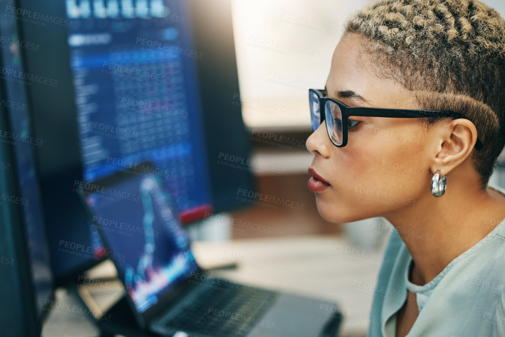 Buy stock photo Woman with computer, glasses and thinking on stocks for crypto trade, research and investment in online data. Nft, cyber consultant or broker reading stats on market growth, brainstorming or ideas.
