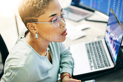 Buy stock photo Woman with laptop, glasses and thinking on cyber stocks for crypto trade, research and investment in online data. Nft, consultant or broker reading stats info on market growth, brainstorming or ideas