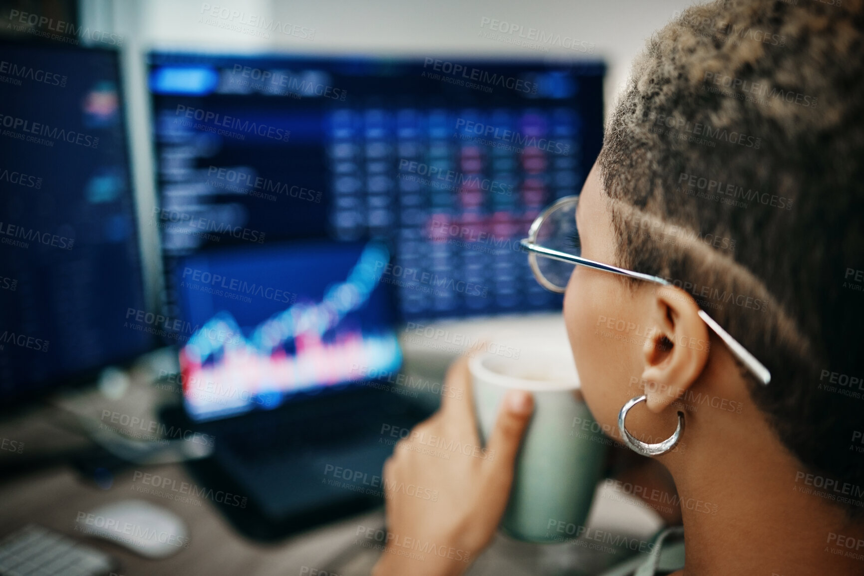 Buy stock photo Woman, stock market analysis and computer screen for coffee, stats or numbers in night at office. Trader, monitor and reading with drink for financial review, economy or crypto for fintech data on pc
