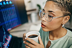 Woman, computer screen and statistics with coffee or thinking at office, stock market exchange or trading data. Professional female, drink or numbers reading investment, assessment or online profit