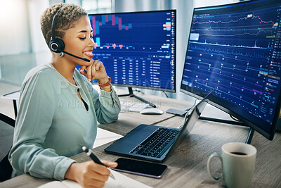 Buy stock photo Woman, online trading and callcenter, computer screen and finance with advice, investment and communication. Headset, mic and phone call with laptop, consultant at desk with stock market dashboard