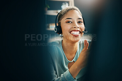 Buy stock photo Happy customer service, computer and professional woman consulting for advisory, telecom or telemarketing sales pitch. Call center, lead generation or consultant smile for online support consultation