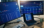 Computer screen, laptop and trading, workspace with financial dashboard, graph and chart information online. Stock market, statistics and investment, finance trade with fintech and data analytics