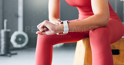 Buy stock photo Gym, hands and watch to monitor fitness, check training app or exercise progress. Closeup, sports and person or athlete with the time at a club for wellness results, achievement or exercise tracking