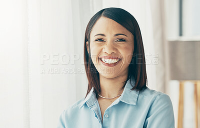 Buy stock photo Happy business woman, face and portrait smile for career ambition, confidence or positive mindset at office. Excited young female person or employee in happiness, success or pride for job or startup