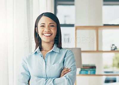 Buy stock photo Portrait, smile and business woman with arms crossed in office, startup company and workplace for creative career. Face, professional entrepreneur and confident designer, employee or worker in Brazil