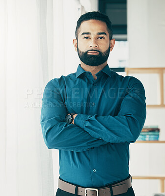 Buy stock photo Portrait, serious and business man with arms crossed in office, startup company and workplace for creative career. Face, professional entrepreneur and confident designer, employee or worker in Brazil