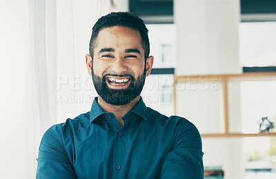 Buy stock photo Laughing, happy and portrait of a businessman in an office with confidence for a corporate career. Smile, professional and headshot of a male employee in the workplace as a lawyer or attorney