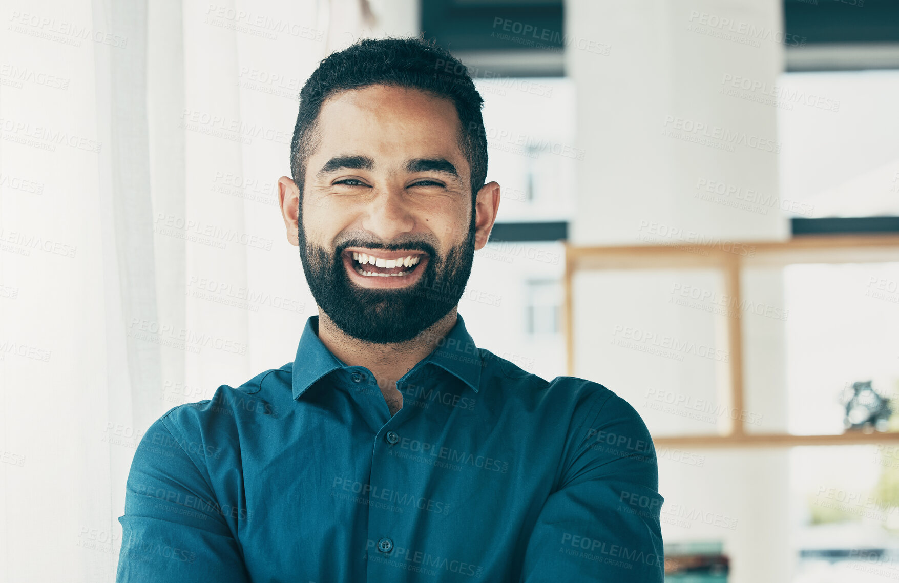 Buy stock photo Laughing, happy and portrait of a businessman in an office with confidence for a corporate career. Smile, professional and headshot of a male employee in the workplace as a lawyer or attorney