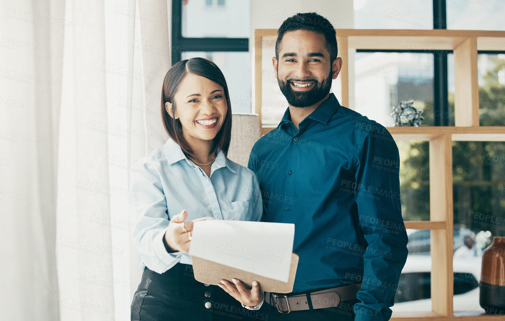 Buy stock photo Business, man and woman with clipboard for collaboration, partnership or project management in office with smile. Professional. people and documents with paperwork for meeting or recruitment at work