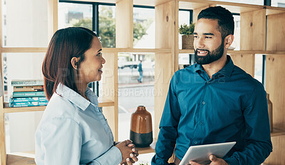 Buy stock photo Business people, smile and tablet for collaboration, partnership or project management in office. Professional. man and woman with touchscreen or technology for meeting or recruitment at workplace