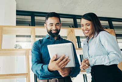 Buy stock photo Business people, smile and tablet for collaboration, communication or partnership in company office. Professional, man and woman with touchscreen or planning for meeting or recruitment at workplace