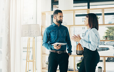 Buy stock photo Business, man and woman with tablet and discussion for collaboration, partnership or project management in office. Professional, people and touchscreen or talking in meeting or planning at workplace