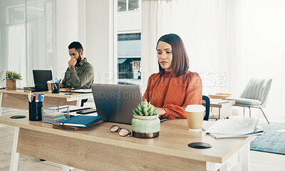 Buy stock photo Laptop, coworking and couple in home office, working together and planning startup strategy online. Small business, man and woman at desk with computer, report and website research at digital agency.