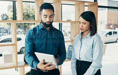 Buy stock photo Business, woman and man with tablet for communication, meeting and project management in office. Professional, people and employees with touchscreen for planning, discussion or recruitment at work