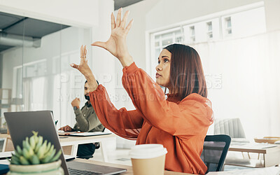 Buy stock photo Futuristic, invisible screen and business woman in office for user interface, 3d hologram and ux mockup. Laptop, corporate and person at desk with hands for research, online website or digital tech