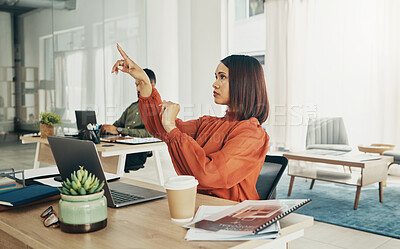 Buy stock photo Office, invisible screen and business woman with finger for user interface, 3d hologram and ux mockup. Futuristic, corporate and person at desk with hands for research, online website or digital tech