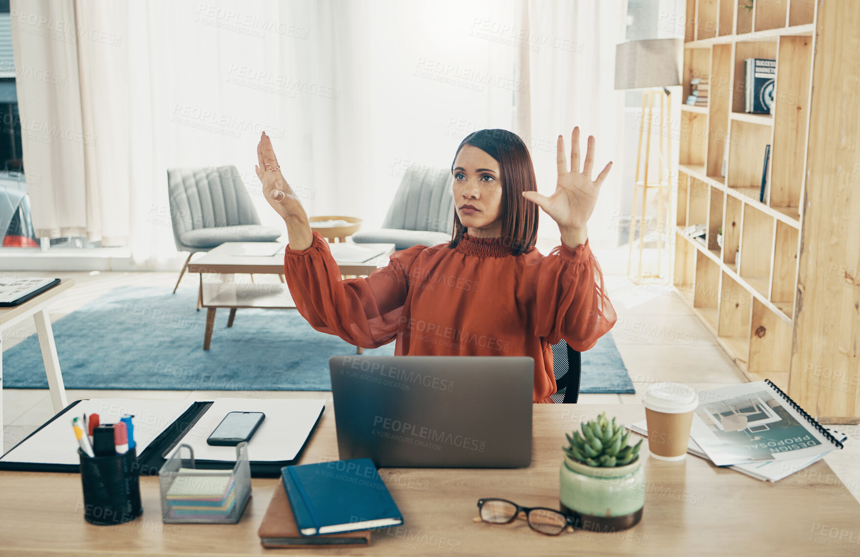 Buy stock photo Hologram, invisible screen and business woman in office for user interface, 3d dashboard or ux mockup. Futuristic, corporate and person at desk with hands for research, online website or digital tech