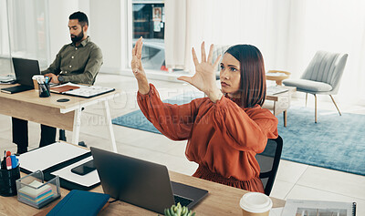 Buy stock photo Invisible screen, laptop and business woman in office for user interface, 3d hologram and ux mockup. Futuristic, corporate and person at desk with hands for research, online website or digital tech