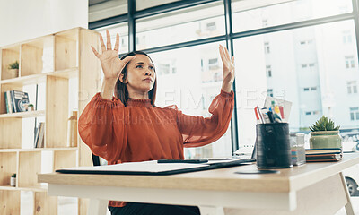 Buy stock photo Computer, invisible screen and business woman in office for user interface, 3d hologram and ux mockup. Futuristic, corporate and person at desk with hands for research, online website or digital tech