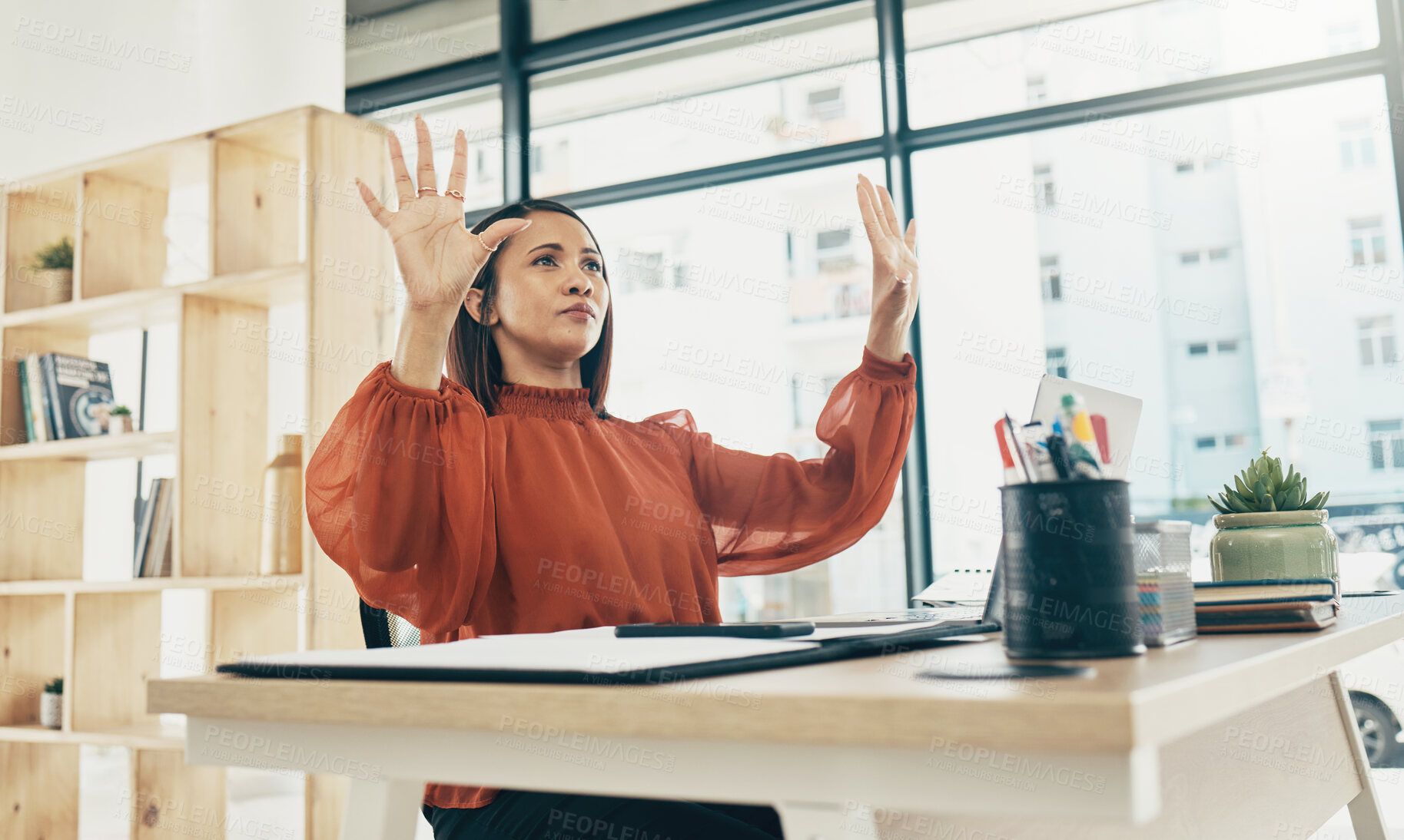 Buy stock photo Computer, invisible screen and business woman in office for user interface, 3d hologram and ux mockup. Futuristic, corporate and person at desk with hands for research, online website or digital tech