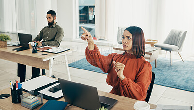 Buy stock photo Finger, invisible screen and business woman in office for user interface, 3d hologram and ux mockup. Futuristic, corporate and person at desk with hands for research, online website and digital tech