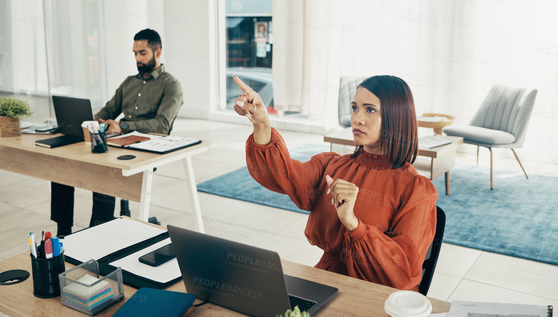 Buy stock photo Finger, invisible screen and business woman in office for user interface, 3d hologram and ux mockup. Futuristic, corporate and person at desk with hands for research, online website and digital tech