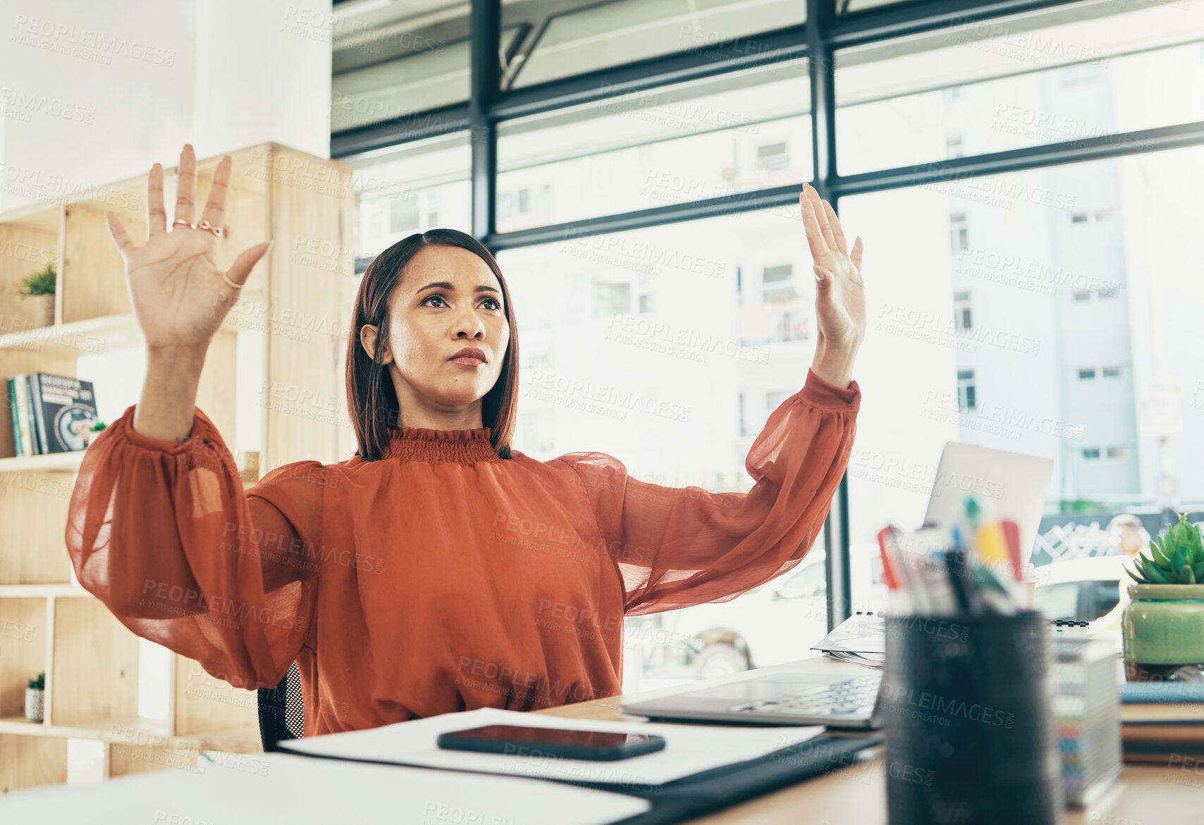 Buy stock photo Working, invisible screen and hands of woman in office for futuristic programming, technology or ux or coding. Virtual, hologram or employee with 3d, ui or vr dashboard in workplace for ai innovation