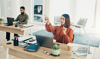 Buy stock photo Touch, invisible screen and business woman in office for user interface, 3d hologram and ux mockup. Futuristic, corporate and person at desk with hands for research, online website and digital tech