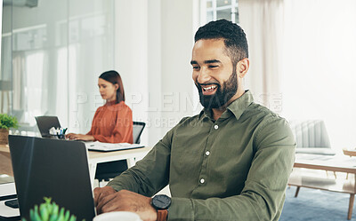 Buy stock photo Man, smile and typing on laptop in office, email or planning a proposal. Happy mexican worker, sitting and working on review or research on computer, creative and insight for report by businessman