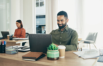 Buy stock photo Businessman, smile and reading on laptop in office, email or planning a proposal. Happy worker, sitting and working on review or analyzing on computer, typing and insight for report and strategy