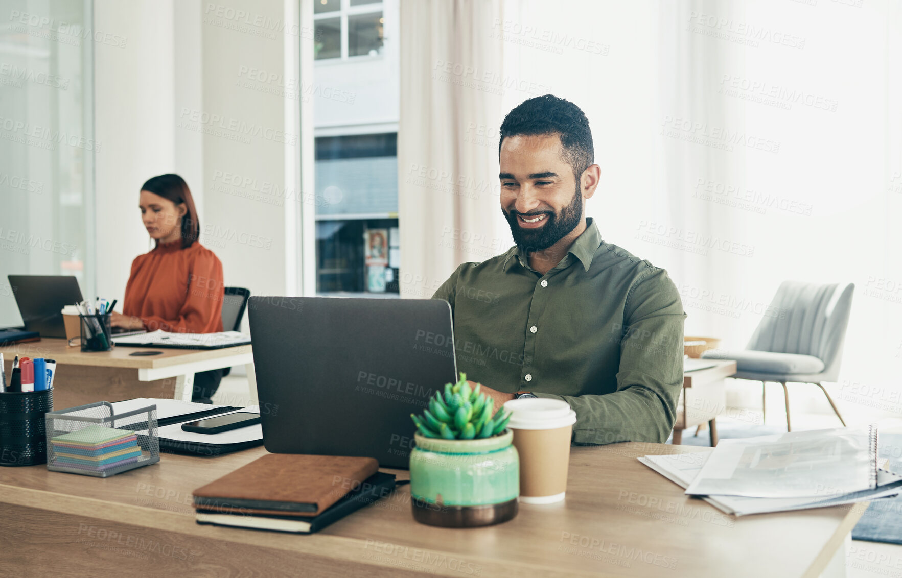 Buy stock photo Businessman, smile and reading on laptop in office, email or planning a proposal. Happy worker, sitting and working on review or analyzing on computer, typing and insight for report and strategy