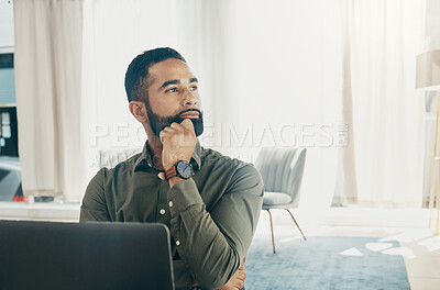 Buy stock photo Business, thinking and man with a laptop, problem solving and decision with a startup, creativity and planning. Person, employee and entrepreneur with a pc, solution and choice with a project or idea