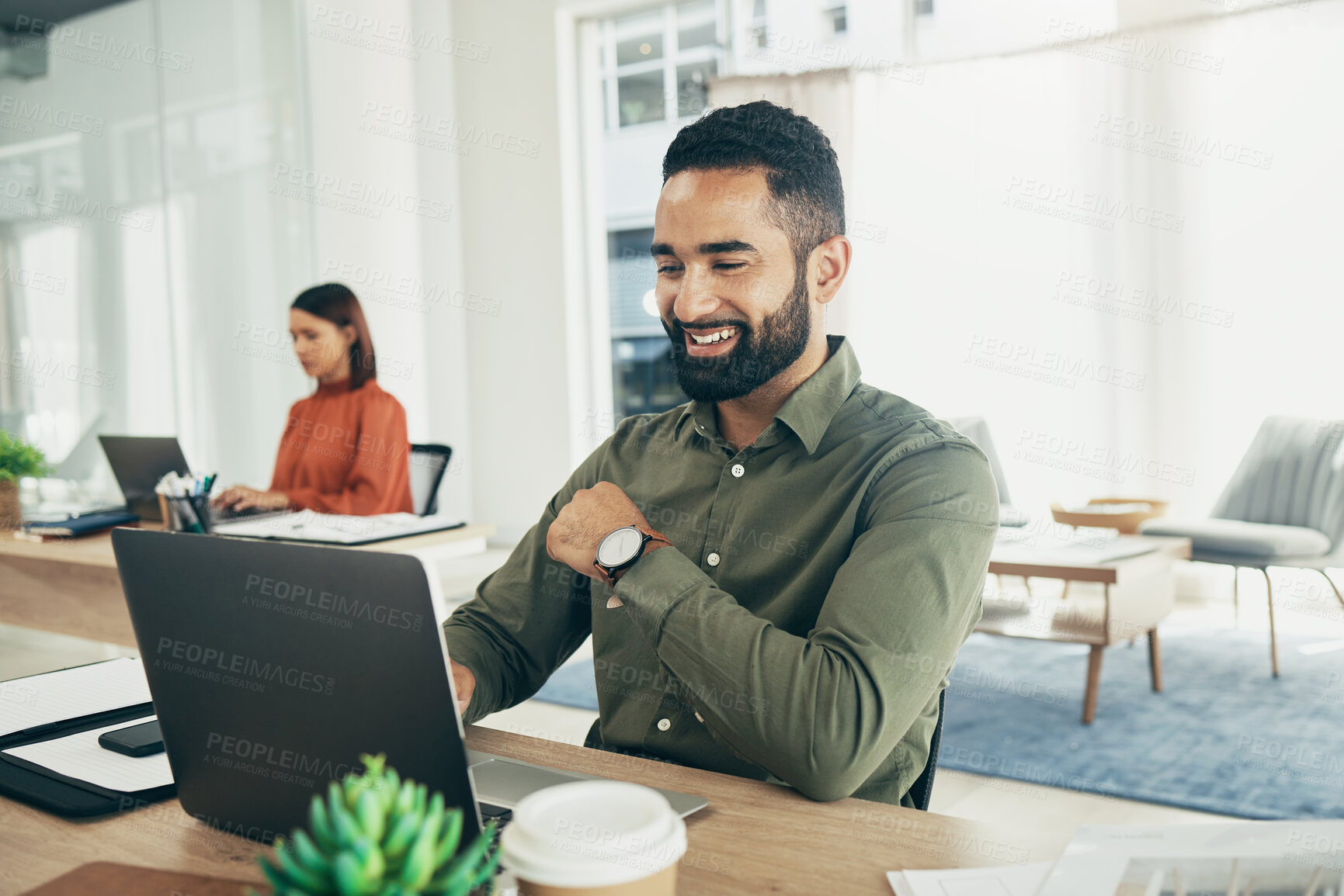 Buy stock photo Businessman, smile and working on laptop in office, email or planning a proposal. Happy worker, sitting and reading a review or analyzing on computer, typing and insight for report, strategy and info