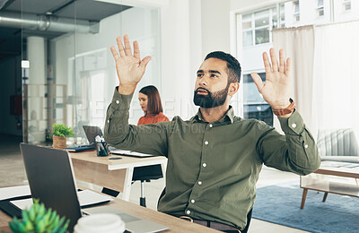 Buy stock photo Invisible screen, corporate and a businessman with touch, reading hologram or research. Inspiration, planning and a young employee with hands for a design, analysis or virtual technology in office