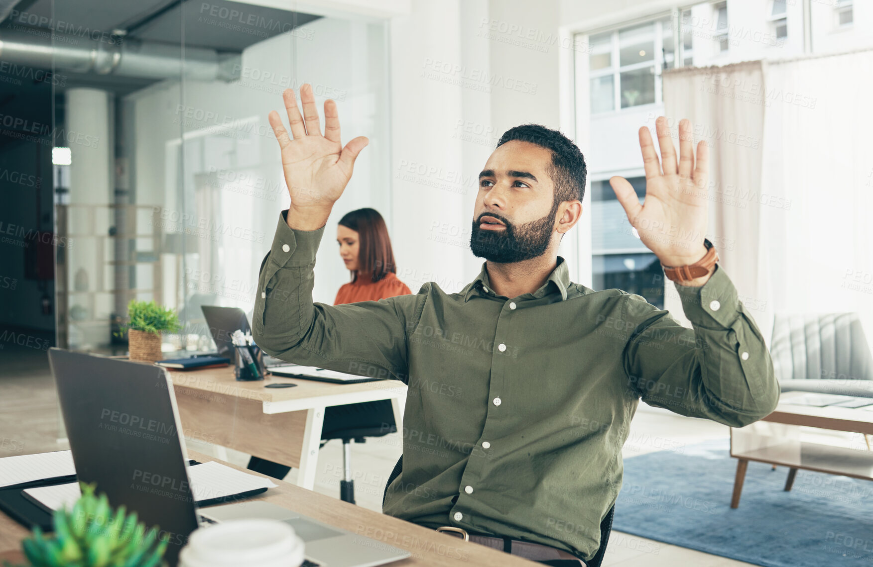 Buy stock photo Invisible screen, corporate and a businessman with touch, reading hologram or research. Inspiration, planning and a young employee with hands for a design, analysis or virtual technology in office