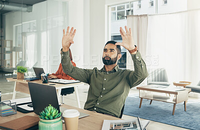 Buy stock photo Invisible screen, office and a businessman at a desk for a hologram or virtual technology. Thinking, planning and a corporate employee with a hand gesture for research, connection or analytics